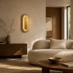 LED-Wandleuchte Travertino Oval IP44 aus Naturstein – Gold – Bild 4