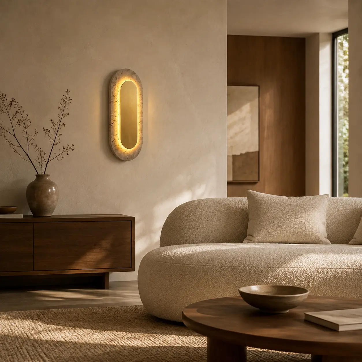 LED-Wandleuchte Travertino Oval IP44 aus Naturstein – Gold – Bild 4
