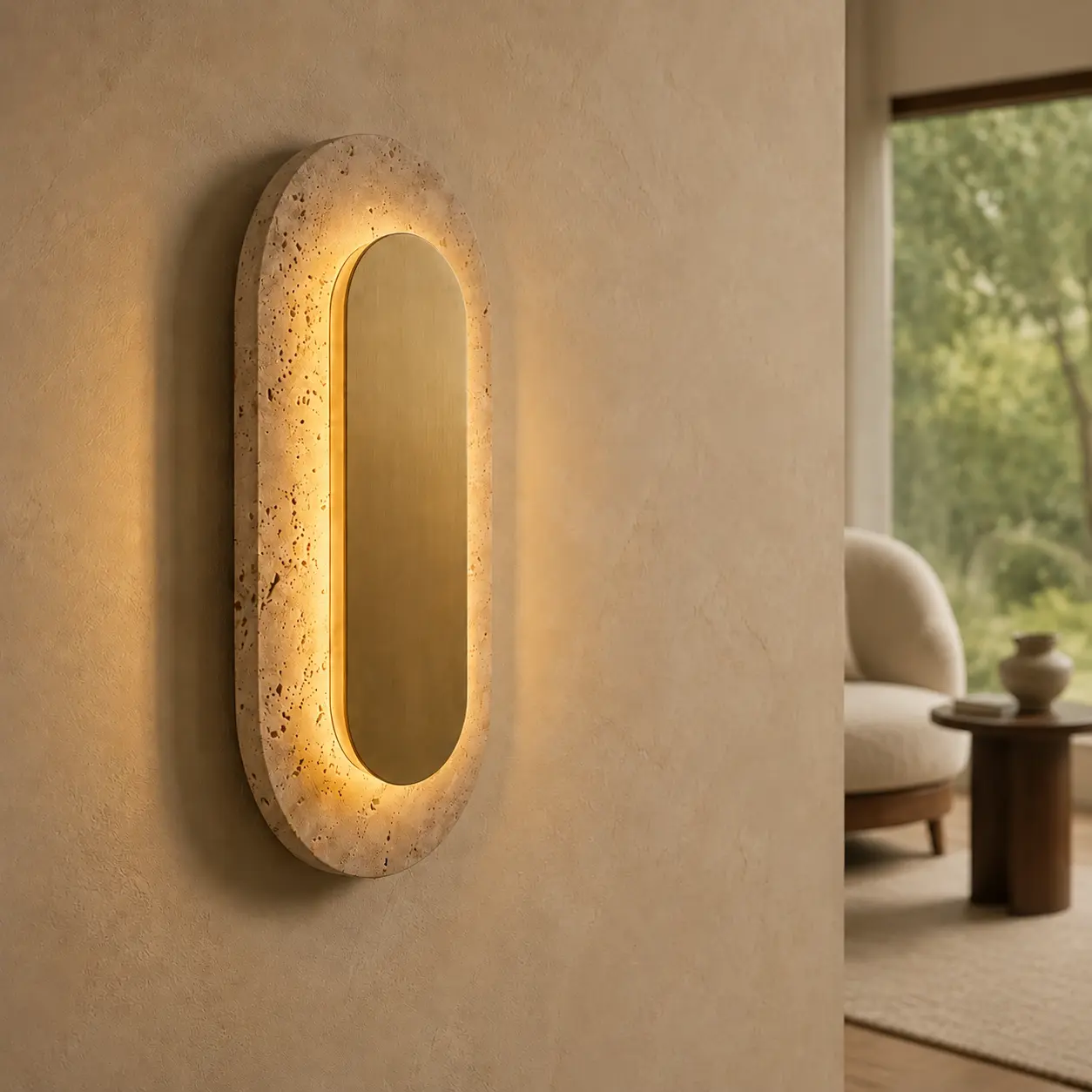 LED-Wandleuchte Travertino Oval IP44 aus Naturstein – Gold – Bild 5